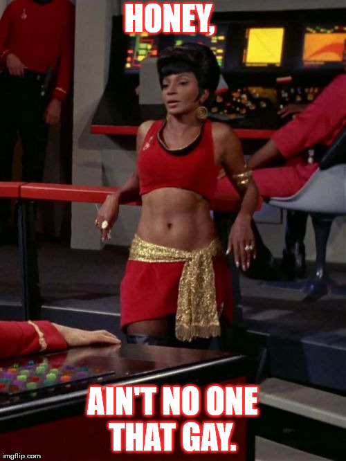 NO one is that gay  | HONEY, AIN'T NO ONE THAT GAY. | image tagged in uhura,star trek | made w/ Imgflip meme maker