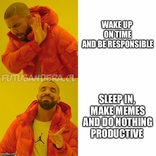 Drake Hotline Bling Meme | WAKE UP ON TIME AND BE RESPONSIBLE; SLEEP IN, MAKE MEMES AND DO NOTHING PRODUCTIVE | image tagged in drake | made w/ Imgflip meme maker