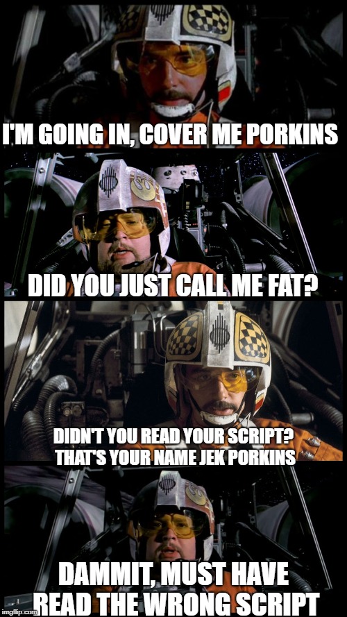 Star Wars Porkins | I'M GOING IN, COVER ME PORKINS; DID YOU JUST CALL ME FAT? DIDN'T YOU READ YOUR SCRIPT? THAT'S YOUR NAME JEK PORKINS; DAMMIT, MUST HAVE READ THE WRONG SCRIPT | image tagged in star wars porkins | made w/ Imgflip meme maker