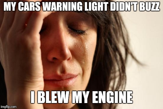 First World Problems Meme | MY CARS WARNING LIGHT DIDN'T BUZZ; I BLEW MY ENGINE | image tagged in memes,first world problems | made w/ Imgflip meme maker
