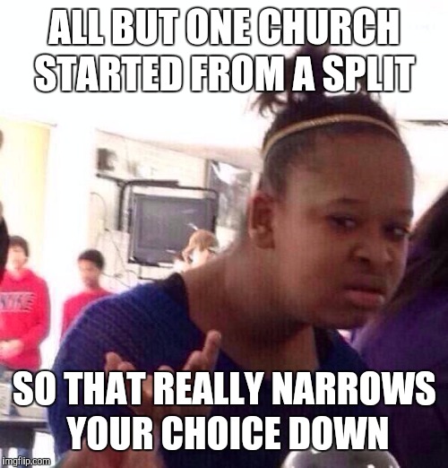 Black Girl Wat Meme | ALL BUT ONE CHURCH STARTED FROM A SPLIT SO THAT REALLY NARROWS YOUR CHOICE DOWN | image tagged in memes,black girl wat | made w/ Imgflip meme maker