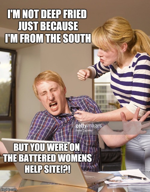 Domestic Violence | I'M NOT DEEP FRIED JUST BECAUSE I'M FROM THE SOUTH BUT YOU WERE ON THE BATTERED WOMENS HELP SITE!?! | image tagged in domestic violence | made w/ Imgflip meme maker