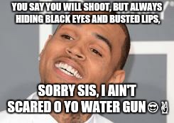 Chris Brown | YOU SAY YOU WILL SHOOT, BUT ALWAYS HIDING BLACK EYES AND BUSTED LIPS, SORRY SIS, I AIN'T SCARED O YO WATER GUN😎✌ | image tagged in chris brown | made w/ Imgflip meme maker