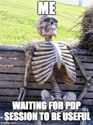 Waiting Skeleton Meme | ME; WAITING FOR PDP SESSION TO BE USEFUL | image tagged in memes,waiting skeleton | made w/ Imgflip meme maker