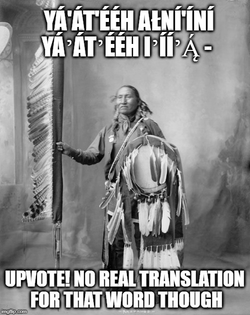 YÁ'ÁT'ÉÉH AŁNÍ'ÍNÍ YÁʼÁTʼÉÉH IʼÍÍʼĄ́ - UPVOTE! NO REAL TRANSLATION FOR THAT WORD THOUGH | made w/ Imgflip meme maker