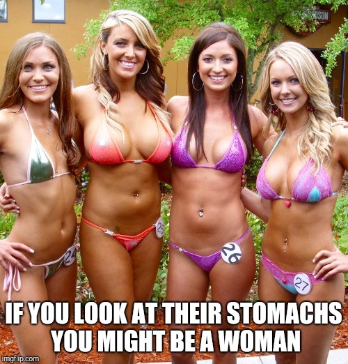 Bikini girls  | IF YOU LOOK AT THEIR STOMACHS YOU MIGHT BE A WOMAN | image tagged in bikini girls | made w/ Imgflip meme maker