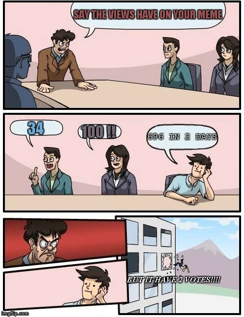 Boardroom Meeting Suggestion Meme | SAY THE VIEWS HAVE ON YOUR MEME; 34; 696 IN 2 DAYS; 100 !! BUT IT HAVE 2 VOTES!!!! | image tagged in memes,boardroom meeting suggestion | made w/ Imgflip meme maker