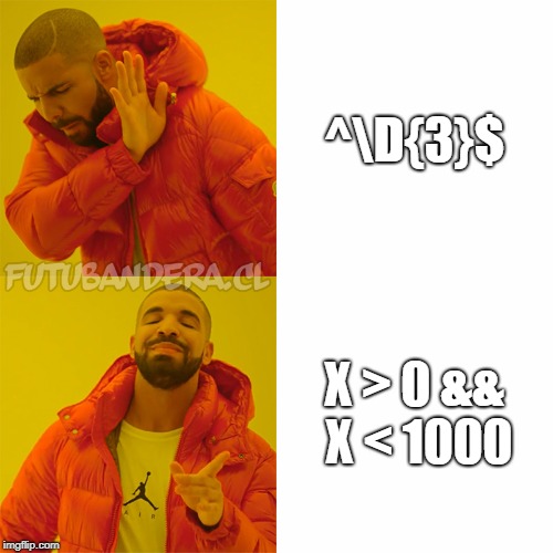 Drake Hotline Bling Meme | ^\D{3}$; X > 0 && X < 1000 | image tagged in drake | made w/ Imgflip meme maker