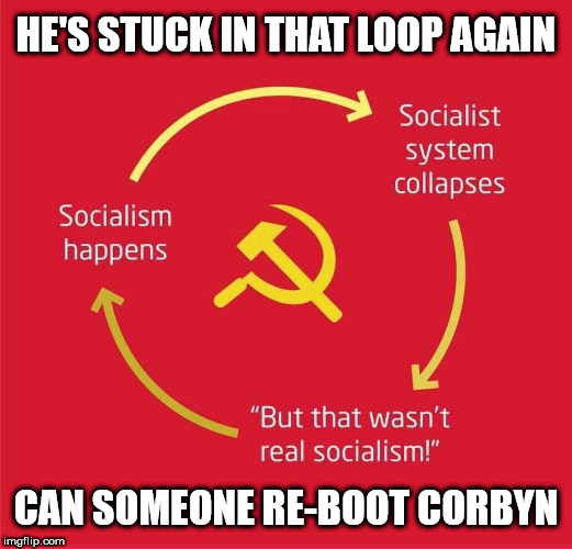 Re-Boot Corbyn | HE'S STUCK IN THAT LOOP AGAIN; CAN SOMEONE RE-BOOT CORBYN | image tagged in corbyn eww,communism socialism,momentum students,funny,wearecorbyn,labourisdead | made w/ Imgflip meme maker