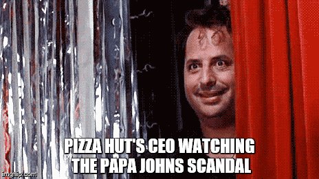Pizza Hut Lovetts Papa Johns self destruction | PIZZA HUT'S CEO WATCHING THE PAPA JOHNS SCANDAL | image tagged in funny,humor,scandal | made w/ Imgflip meme maker