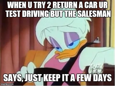 Skeptical Daisy | WHEN U TRY 2 RETURN A CAR UR TEST DRIVING BUT THE SALESMAN; SAYS, JUST KEEP IT A FEW DAYS | image tagged in skeptical daisy | made w/ Imgflip meme maker