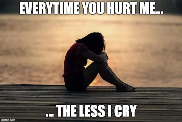 cry 
 | EVERYTIME YOU HURT ME... ... THE LESS I CRY | image tagged in crying | made w/ Imgflip meme maker