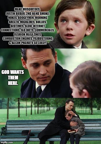 Finding Neverland | MAKE MOSQUITOES, JUSTIN BIEBER, 2ND HAND SMOKE, NUKES, BOOGEYMEN, MORNING BREATH, MIGRAINES, BULLIES, BEDTIMES, SLOW INTERNET CONNECTIONS, FAD DIETS, COMMERCIALS, FASHION MAGAZINES, COMBUSTION ENGINES, FILIBUSTERING & BACON PHARDTS GO AWAY! GOD WANTS THEM HERE. | image tagged in memes,finding neverland | made w/ Imgflip meme maker