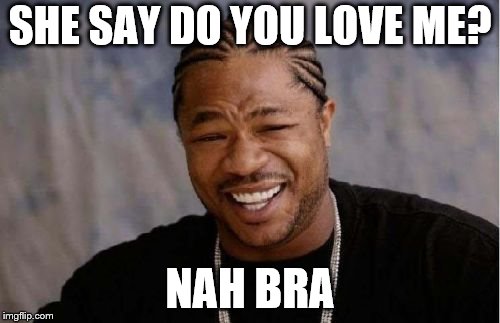 Yo Dawg Heard You | SHE SAY DO YOU LOVE ME? NAH BRA | image tagged in memes,yo dawg heard you | made w/ Imgflip meme maker