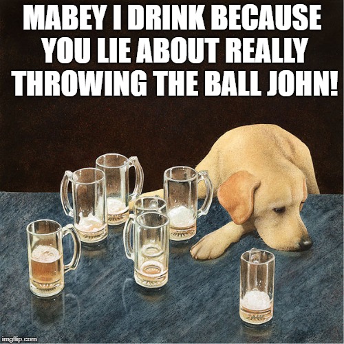 drinking problem  | MABEY I DRINK BECAUSE YOU LIE ABOUT REALLY THROWING THE BALL JOHN! | image tagged in dog,beer,funny | made w/ Imgflip meme maker