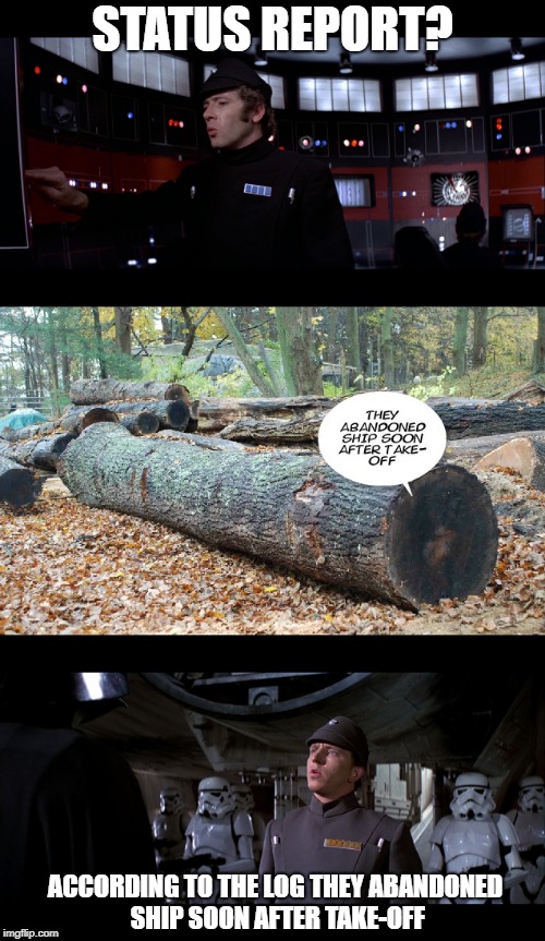 Wood you believe it? | STATUS REPORT? ACCORDING TO THE LOG THEY ABANDONED SHIP SOON AFTER TAKE-OFF | image tagged in star wars | made w/ Imgflip meme maker