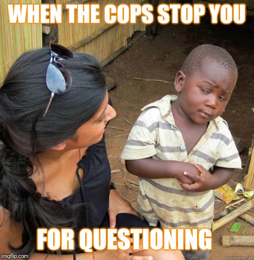 skeptical black boy | WHEN THE COPS STOP YOU; FOR QUESTIONING | image tagged in skeptical black boy | made w/ Imgflip meme maker