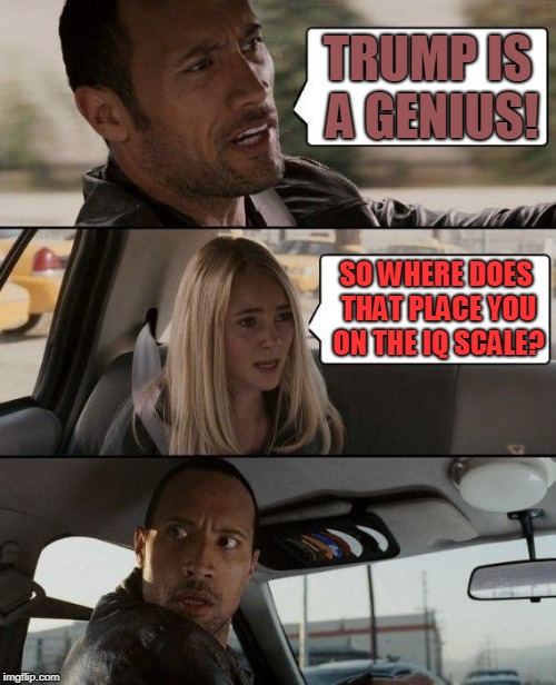 The Rock Driving Meme | TRUMP IS A GENIUS! SO WHERE DOES THAT PLACE YOU ON THE IQ SCALE? | image tagged in memes,the rock driving | made w/ Imgflip meme maker