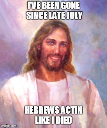 Smiling Jesus Meme | I'VE BEEN GONE SINCE LATE JULY; HEBREWS ACTIN LIKE I DIED | image tagged in memes,smiling jesus | made w/ Imgflip meme maker