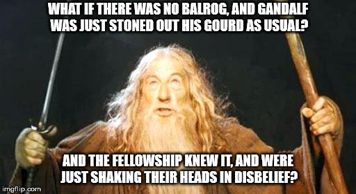 you shall not pass | WHAT IF THERE WAS NO BALROG, AND GANDALF WAS JUST STONED OUT HIS GOURD AS USUAL? AND THE FELLOWSHIP KNEW IT, AND WERE JUST SHAKING THEIR HEADS IN DISBELIEF? | image tagged in you shall not pass | made w/ Imgflip meme maker