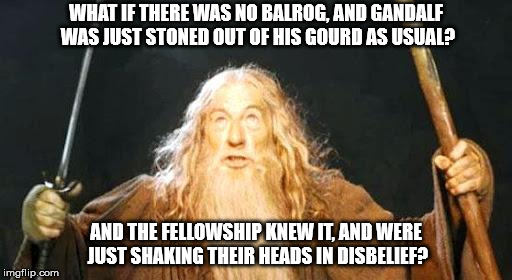 you shall not pass | WHAT IF THERE WAS NO BALROG, AND GANDALF WAS JUST STONED OUT OF HIS GOURD AS USUAL? AND THE FELLOWSHIP KNEW IT, AND WERE JUST SHAKING THEIR HEADS IN DISBELIEF? | image tagged in you shall not pass | made w/ Imgflip meme maker