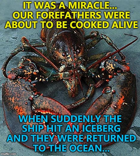 It's all about perspective... :) | IT WAS A MIRACLE... OUR FOREFATHERS WERE ABOUT TO BE COOKED ALIVE; WHEN SUDDENLY THE SHIP HIT AN ICEBERG AND THEY WERE RETURNED TO THE OCEAN... | image tagged in lobster,memes,titanic,animals,food | made w/ Imgflip meme maker