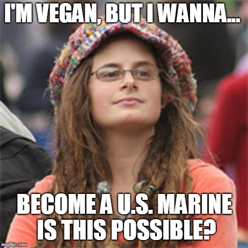 Vegetarian Hypocrite | I'M VEGAN, BUT I WANNA... BECOME A U.S. MARINE IS THIS POSSIBLE? | image tagged in vegetarian hypocrite | made w/ Imgflip meme maker