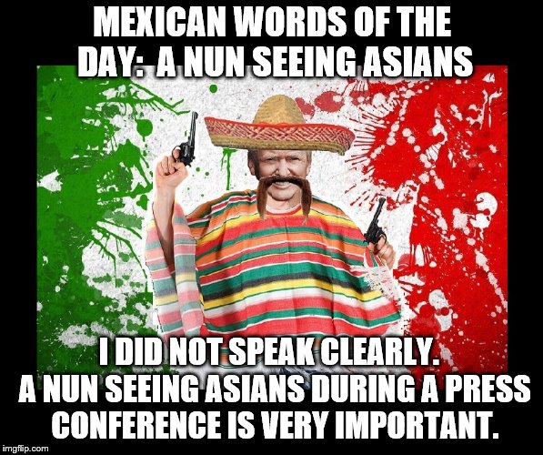 Trumps Mexican Words | MEXICAN WORDS OF THE DAY:  A NUN SEEING ASIANS; I DID NOT SPEAK CLEARLY.  A NUN SEEING ASIANS DURING A PRESS CONFERENCE IS VERY IMPORTANT. | image tagged in trump,nun,asians,public speaking | made w/ Imgflip meme maker