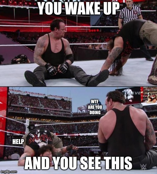 The Undertaker | YOU WAKE UP; WTF ARE YOU DOING; AND YOU SEE THIS; HELP | image tagged in the undertaker | made w/ Imgflip meme maker