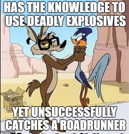 unsuccessful | HAS THE KNOWLEDGE TO USE DEADLY EXPLOSIVES; YET UNSUCCESSFULLY CATCHES A ROADRUNNER | image tagged in wile e coyote | made w/ Imgflip meme maker