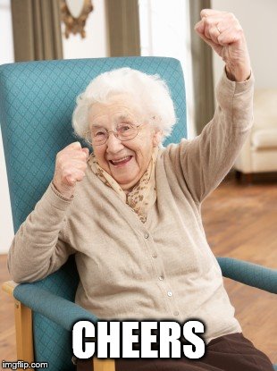 old woman cheering | CHEERS | image tagged in old woman cheering | made w/ Imgflip meme maker