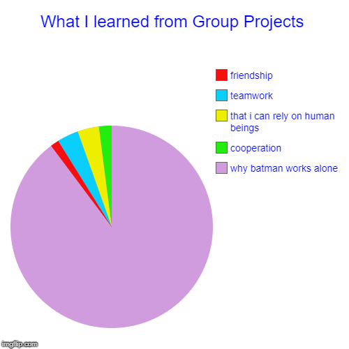 What I learned from Group Projects | why batman works alone, cooperation, that i can rely on human beings, teamwork, friendship | image tagged in funny,pie charts | made w/ Imgflip chart maker