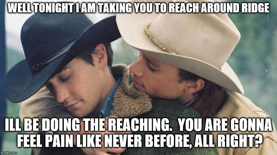 Brokeback | WELL TONIGHT I AM TAKING YOU TO REACH AROUND RIDGE; ILL BE DOING THE REACHING.  YOU ARE GONNA FEEL PAIN LIKE NEVER BEFORE, ALL RIGHT? | image tagged in brokeback | made w/ Imgflip meme maker