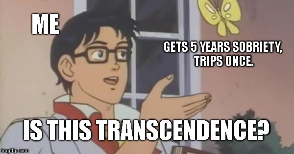 Is This a Pigeon | ME; GETS 5 YEARS SOBRIETY, TRIPS ONCE. IS THIS TRANSCENDENCE? | image tagged in is this a pigeon | made w/ Imgflip meme maker