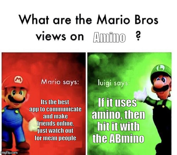 Mario Bros Views | Amino; Its the best app to communicate and make friends online, just watch out for mean people; If it uses amino, then hit it with the ABmino | image tagged in mario bros views | made w/ Imgflip meme maker