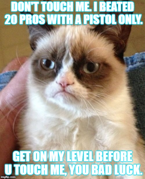 Grumpy Cat Meme | DON'T TOUCH ME. I BEATED 20 PROS WITH A PISTOL ONLY. GET ON MY LEVEL BEFORE U TOUCH ME, YOU BAD LUCK. | image tagged in memes,grumpy cat | made w/ Imgflip meme maker