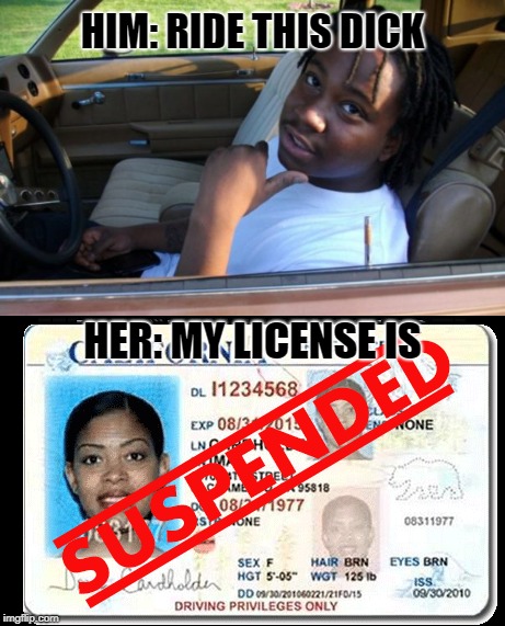 HIM: RIDE THIS DICK; HER: MY LICENSE IS | image tagged in dick,ride,license,suspension | made w/ Imgflip meme maker