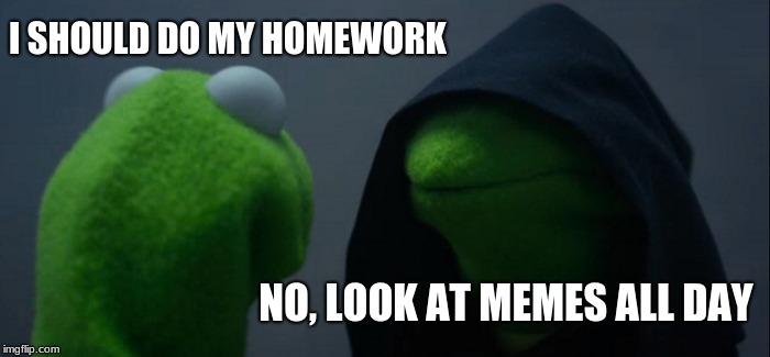 Evil Kermit Meme | I SHOULD DO MY HOMEWORK; NO, LOOK AT MEMES ALL DAY | image tagged in memes,evil kermit | made w/ Imgflip meme maker