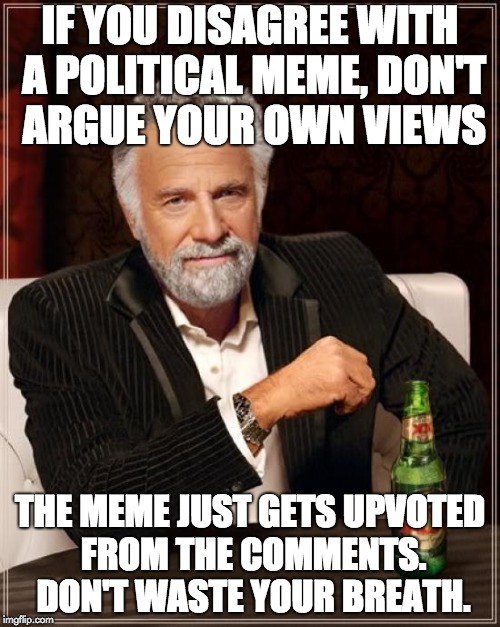 Good strategy tbh | IF YOU DISAGREE WITH A POLITICAL MEME, DON'T ARGUE YOUR OWN VIEWS; THE MEME JUST GETS UPVOTED FROM THE COMMENTS. DON'T WASTE YOUR BREATH. | image tagged in memes,the most interesting man in the world,not political,non political,upvotes,upvote | made w/ Imgflip meme maker