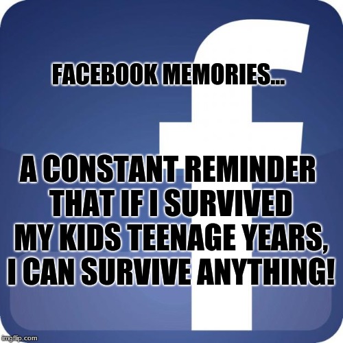 facebook | FACEBOOK MEMORIES... A CONSTANT REMINDER THAT IF I SURVIVED MY KIDS TEENAGE YEARS, I CAN SURVIVE ANYTHING! | image tagged in facebook | made w/ Imgflip meme maker