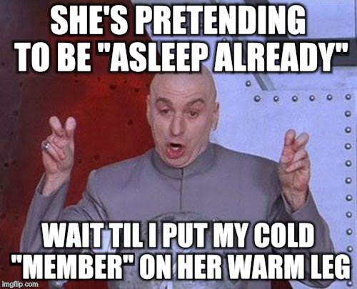 Dr Evil Laser Meme | SHE'S PRETENDING TO BE "ASLEEP ALREADY" WAIT TIL I PUT MY COLD "MEMBER" ON HER WARM LEG | image tagged in memes,dr evil laser | made w/ Imgflip meme maker