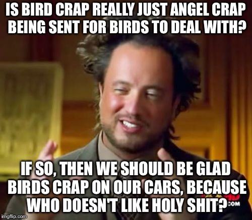 Ancient Aliens Meme | IS BIRD CRAP REALLY JUST ANGEL CRAP BEING SENT FOR BIRDS TO DEAL WITH? IF SO, THEN WE SHOULD BE GLAD BIRDS CRAP ON OUR CARS, BECAUSE WHO DOESN'T LIKE HOLY SHIT? | image tagged in memes,ancient aliens | made w/ Imgflip meme maker