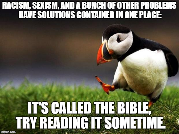 Unpopular Opinion Puffin Meme | RACISM, SEXISM, AND A BUNCH OF OTHER PROBLEMS HAVE SOLUTIONS CONTAINED IN ONE PLACE:; IT'S CALLED THE BIBLE, TRY READING IT SOMETIME. | image tagged in memes,unpopular opinion puffin | made w/ Imgflip meme maker