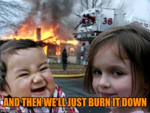 evil toddler and fire girl | AND THEN WE'LL JUST BURN IT DOWN | image tagged in evil toddler and fire girl | made w/ Imgflip meme maker