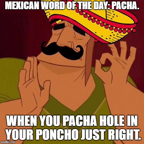 Pacha Mexican Word of the Day | MEXICAN WORD OF THE DAY: PACHA. WHEN YOU PACHA HOLE IN YOUR PONCHO JUST RIGHT. | image tagged in pacha mexican word of the day,funny,mexican word of the day,pacha,memes | made w/ Imgflip meme maker