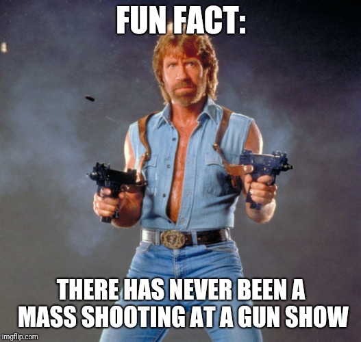 fact of the day |  FUN FACT:; THERE HAS NEVER BEEN A MASS SHOOTING AT A GUN SHOW | image tagged in memes,chuck norris guns,chuck norris,guns,facts,aint nobody got time for that | made w/ Imgflip meme maker