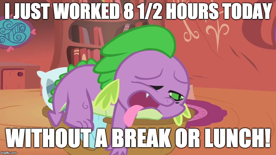All while standing on my feet! | I JUST WORKED 8 1/2 HOURS TODAY; WITHOUT A BREAK OR LUNCH! | image tagged in memes,work,exhausted,spike,xanderbrony | made w/ Imgflip meme maker