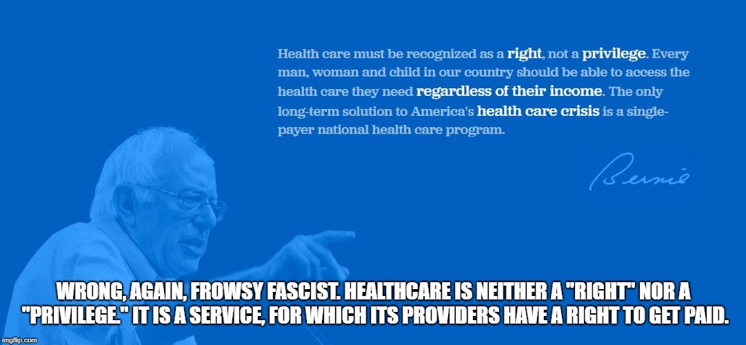 Wrong again, Bernie. | WRONG, AGAIN, FROWSY FASCIST. HEALTHCARE IS NEITHER A "RIGHT" NOR A "PRIVILEGE." IT IS A SERVICE, FOR WHICH ITS PROVIDERS HAVE A RIGHT TO GET PAID. | image tagged in frowsy fascist,pantifa,service,leftiesloveslaves | made w/ Imgflip meme maker