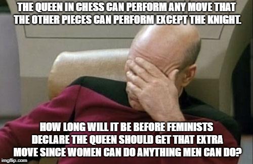 Somebody needs to keep the feminists in check. | THE QUEEN IN CHESS CAN PERFORM ANY MOVE THAT THE OTHER PIECES CAN PERFORM EXCEPT THE KNIGHT. HOW LONG WILL IT BE BEFORE FEMINISTS DECLARE THE QUEEN SHOULD GET THAT EXTRA MOVE SINCE WOMEN CAN DO ANYTHING MEN CAN DO? | image tagged in memes,captain picard facepalm,chess | made w/ Imgflip meme maker