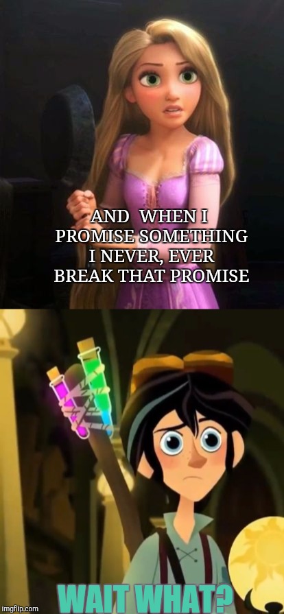 Thy broken peomise? | AND  WHEN I PROMISE SOMETHING I NEVER, EVER BREAK THAT PROMISE; WAIT WHAT? | image tagged in tangled,disney,true | made w/ Imgflip meme maker